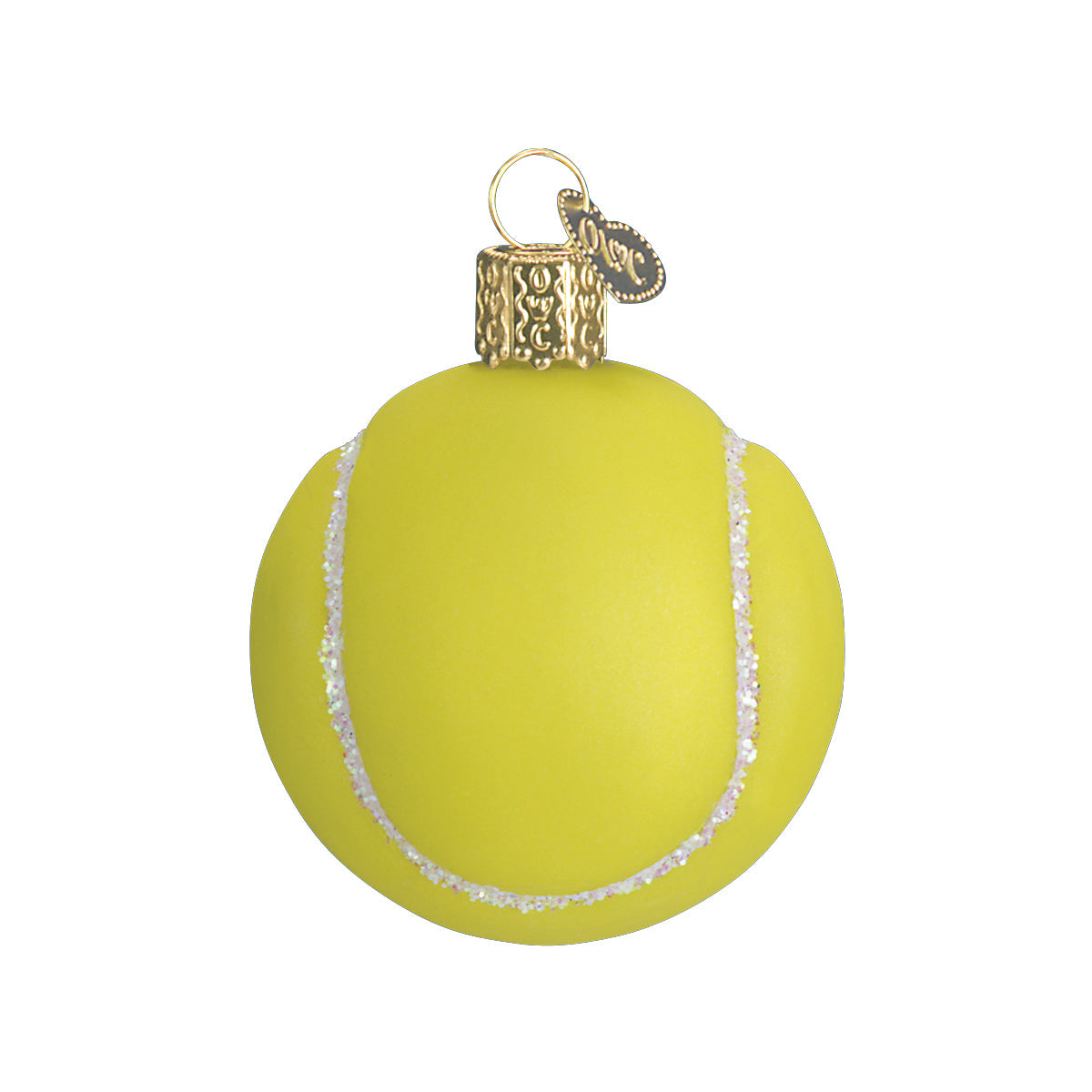 Mouth-blown glass tennis ball ornament in bright yellow with white glitter seams and a decorative gold hanging cap.