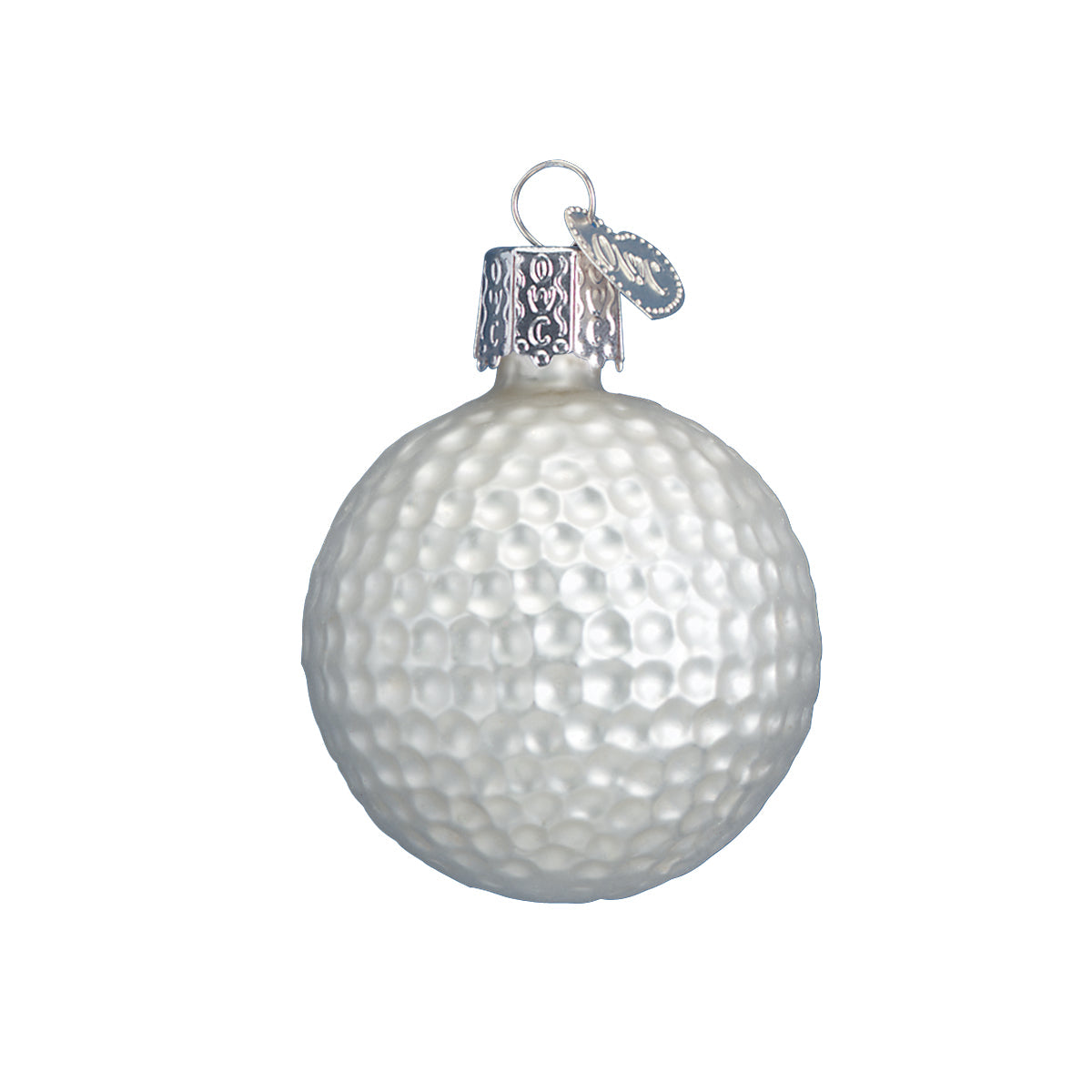 White glass golf ball Christmas ornament with a textured dimpled surface and a silver decorative hanging cap.