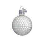 White glass golf ball Christmas ornament with a textured dimpled surface and a silver decorative hanging cap.