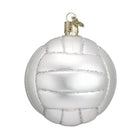 Mouth-blown glass volleyball Christmas ornament in pearlescent white with silver glitter detailing and a gold hanging cap.