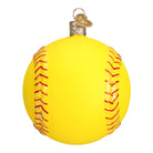 Bright yellow glass softball ornament with red glitter stitching and a gold heart-shaped charm topper.