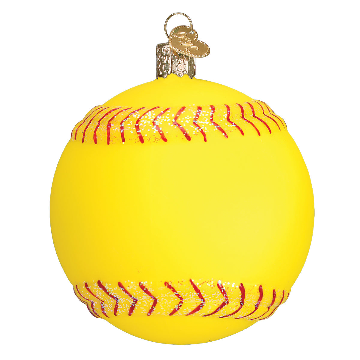 Bright yellow glass softball Christmas ornament with red glitter stitching and a gold hanging loop.