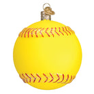 Bright yellow glass softball Christmas ornament with red glitter stitching and a gold hanging loop.