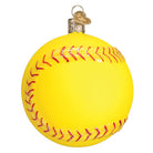 Bright yellow glass softball ornament with red glitter stitching and a gold heart-shaped charm topper.