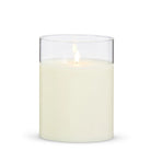 Ivory LED pillar candle in a clear glass holder with a realistic flickering flame, 6 inches wide by 8 inches tall.