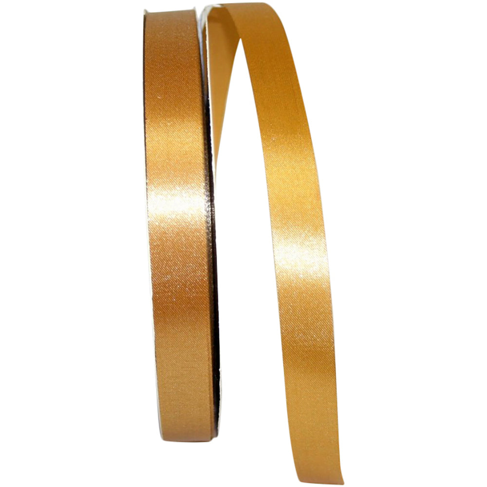 Antique gold satin ribbon roll showing smooth lustrous texture and firm edge