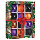 Set of 12 glossy 1.5-inch Halloween ornaments in purple, orange, and black, packaged in a festive gift box with a red bow.