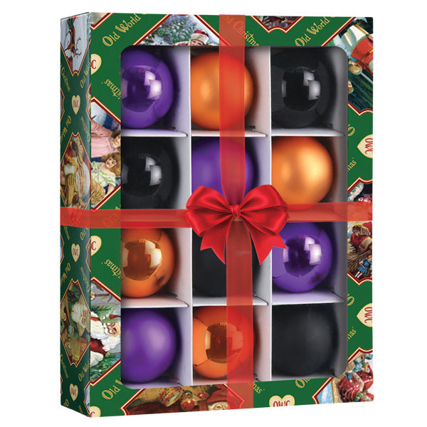 Set of 12 glossy 1.5-inch Halloween ornaments in purple, orange, and black, packaged in a festive gift box with a red bow.