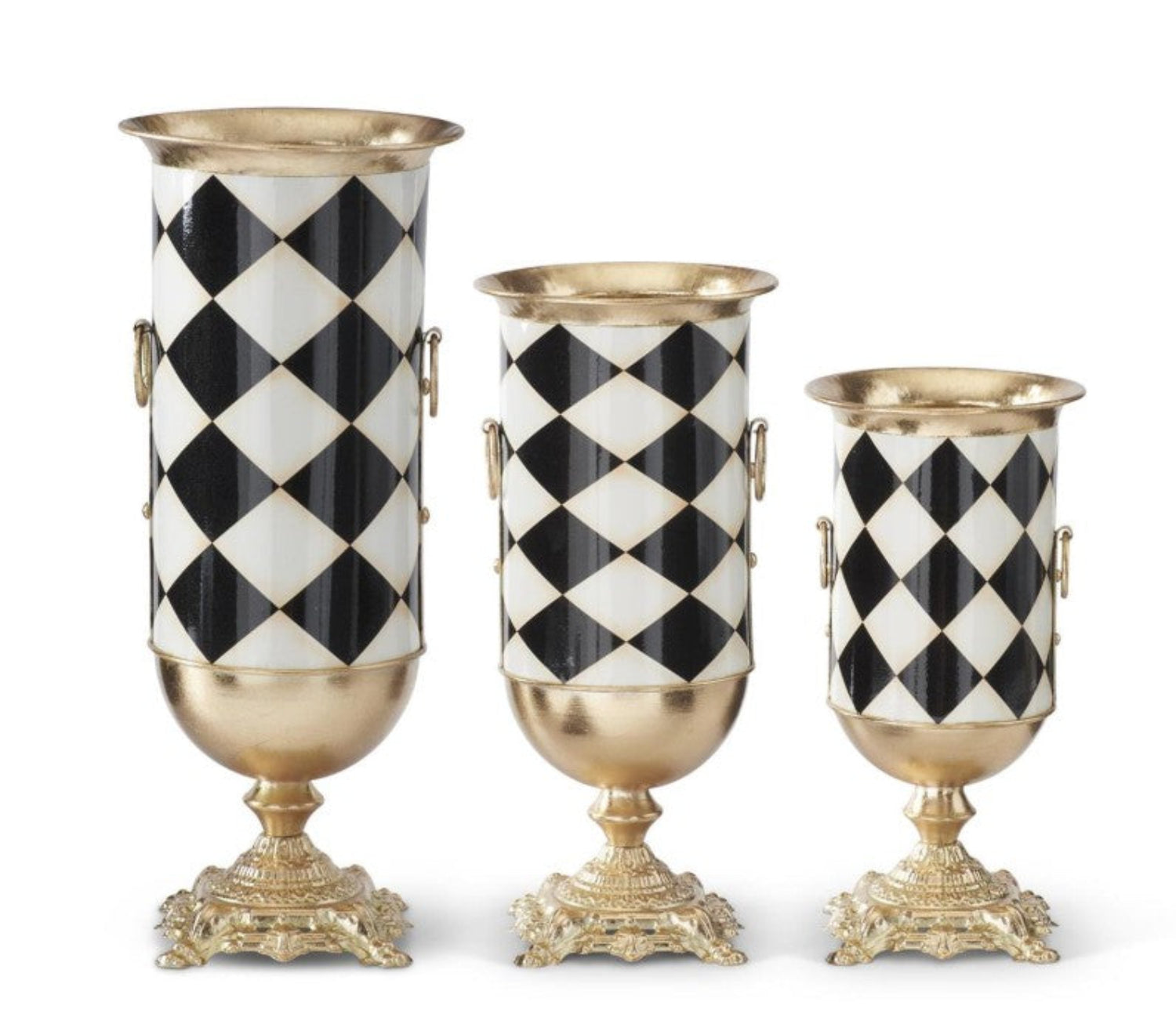 Three urn-style vases in small, medium, and large sizes featuring a black and white harlequin pattern with gold accents.