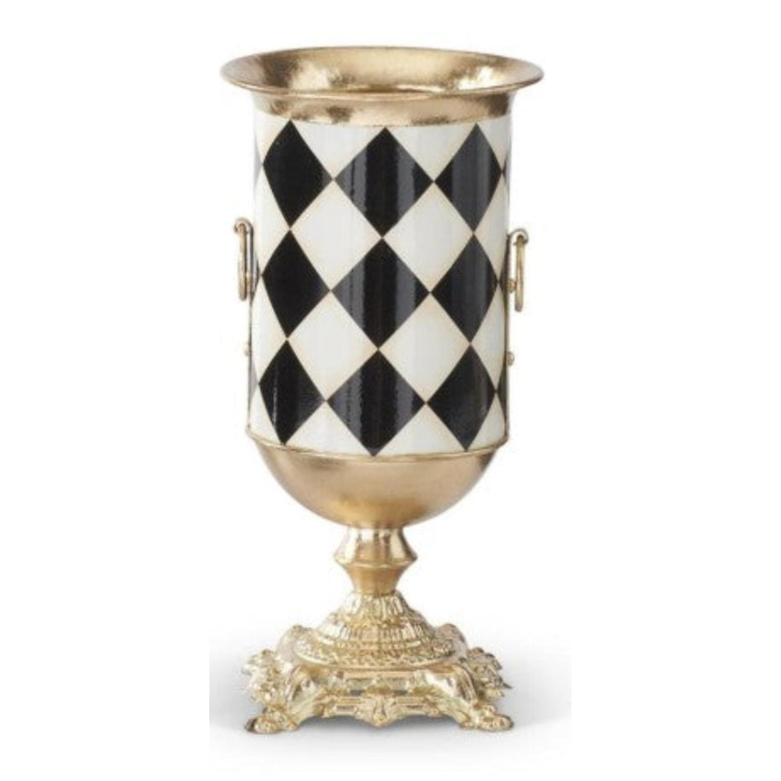 Black and white harlequin check urn vase with elegant gold accents, pedestal base, and side handles.