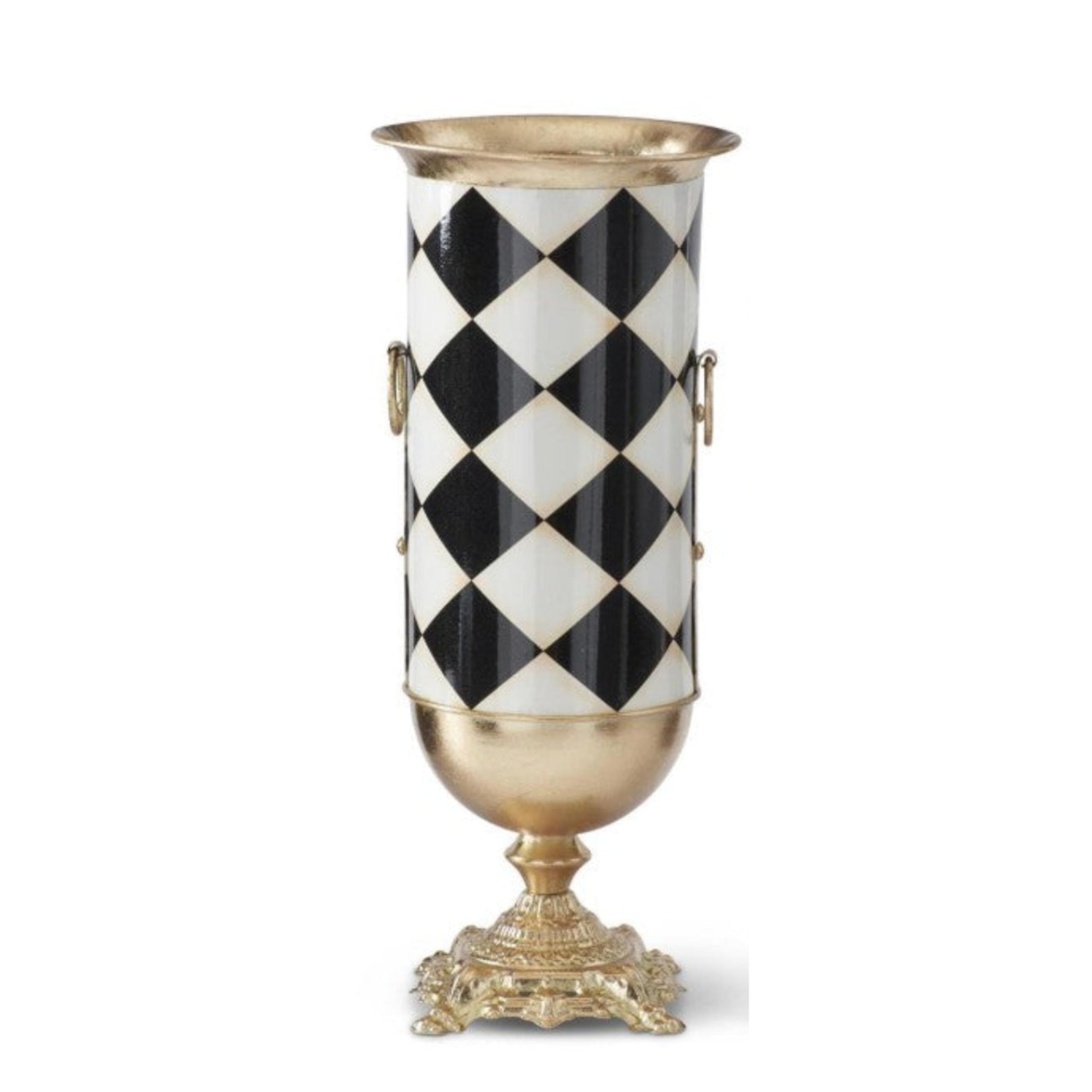 Black and white harlequin check urn vase with gold pedestal base and rim.
