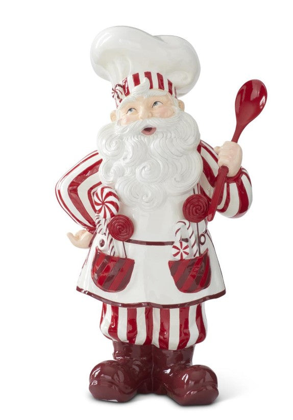 18-inch resin baker Santa figurine in red and white striped apron holding a spoon, decorated with holiday lollipops.
