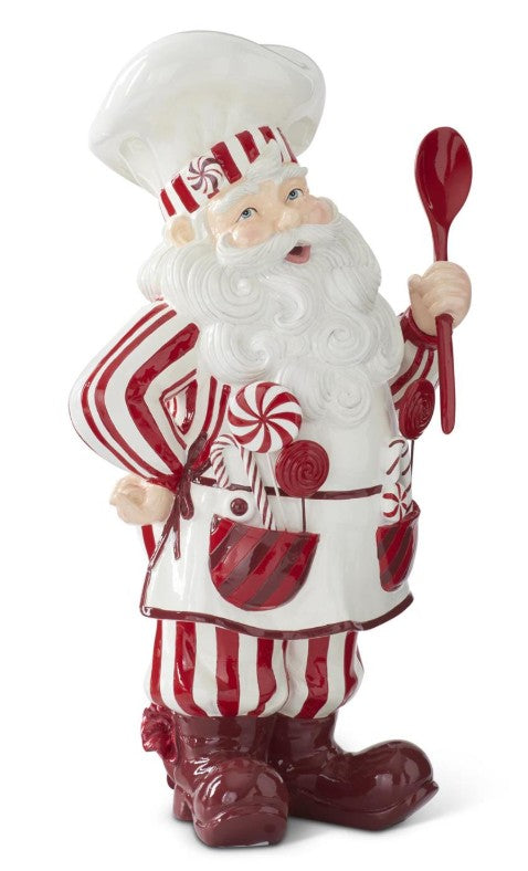 18-inch resin baker Santa figurine in red and white striped apron holding a spoon, decorated with candy accents.