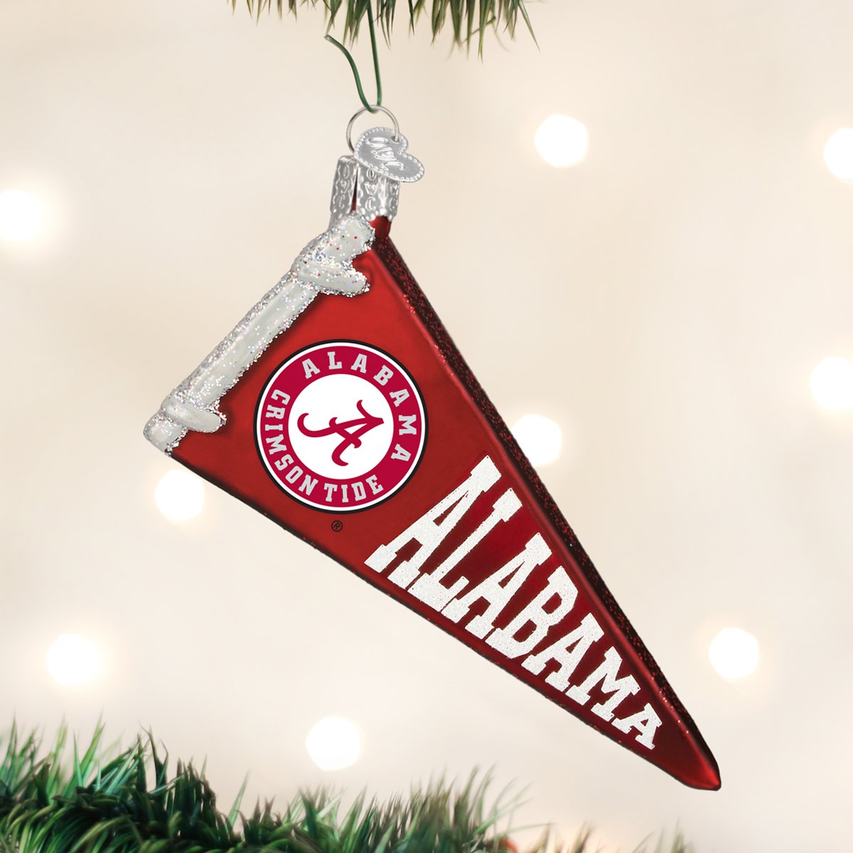 Crimson glass Alabama pennant ornament with white glitter lettering and the official Crimson Tide logo.