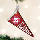 Crimson glass Alabama pennant ornament with white glitter lettering and the official Crimson Tide logo.