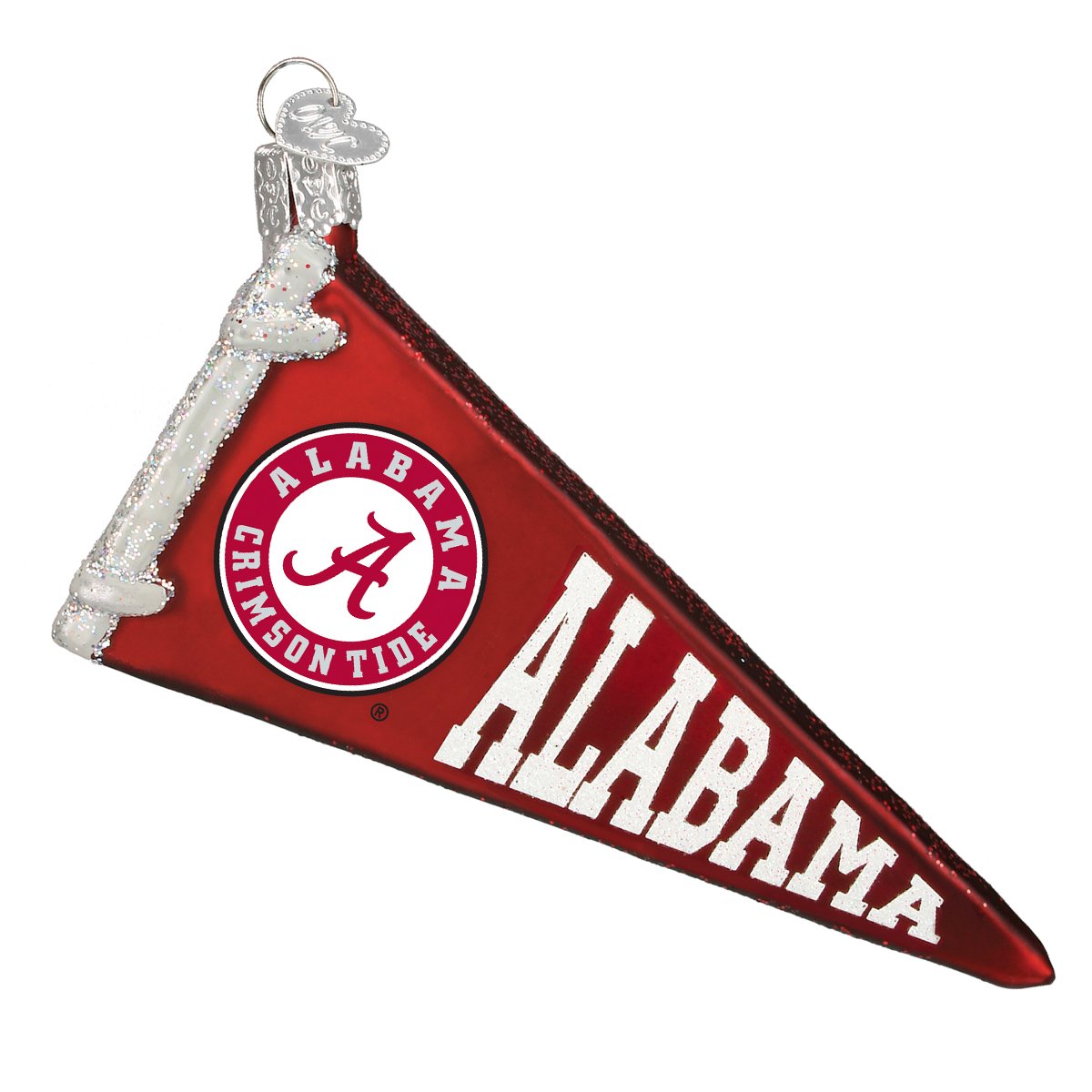Red glass Alabama Crimson Tide pennant ornament with white glitter accents and team logo on a white background.