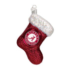 Red glittery Alabama Crimson Tide glass stocking ornament with a white iridescent cuff and team logo.