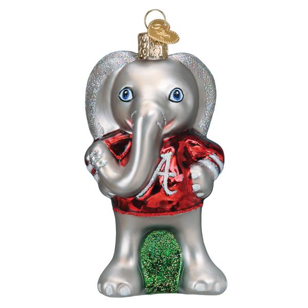 Glass Alabama Big Al elephant ornament wearing a red jersey with a white A logo and glittery silver accents.