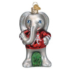 Glass Alabama Big Al elephant ornament wearing a red jersey with a white A logo and glittery silver accents.