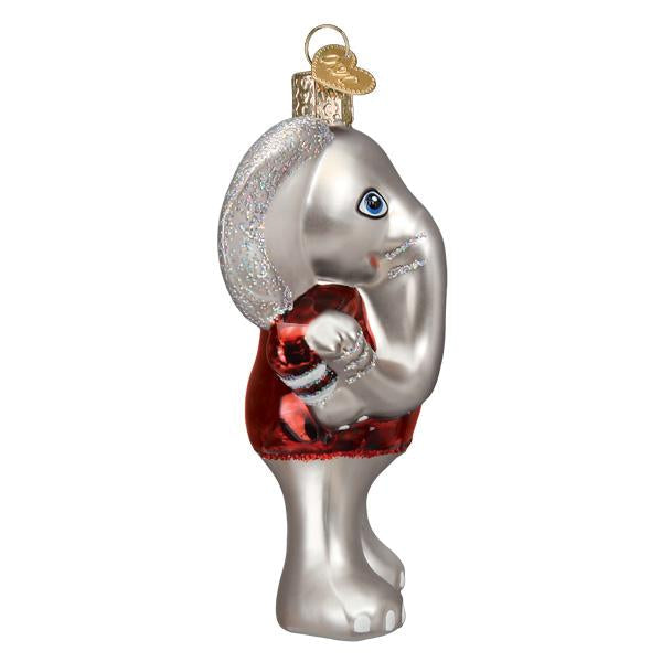 Glass Alabama Big Al elephant ornament in silver and crimson with glitter accents and a gold hanging charm.