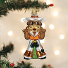 Old World Christmas glass Bevo Longhorn ornament wearing a white cowboy hat and orange and white Texas attire.