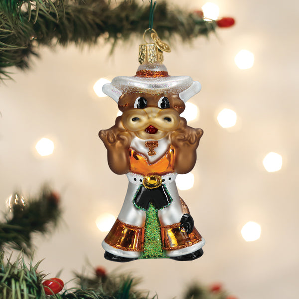 Old World Christmas glass Bevo Longhorn ornament wearing a white cowboy hat and orange and white Texas attire.
