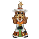 Old World Christmas glass Bevo Longhorn ornament wearing a white cowboy hat and orange and white western attire.