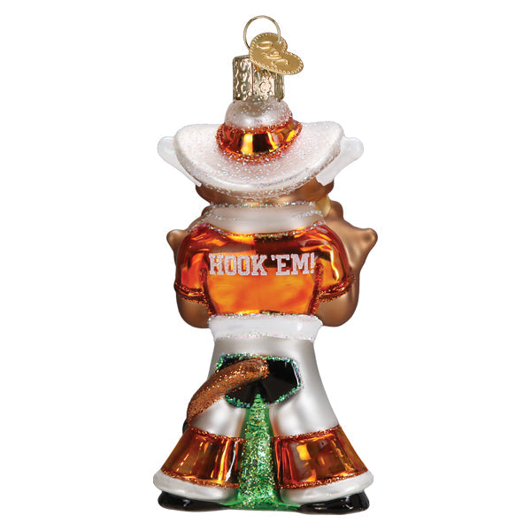 Old World Christmas glass Bevo Longhorn ornament wearing a white cowboy hat and orange jersey with Hook 'Em text.