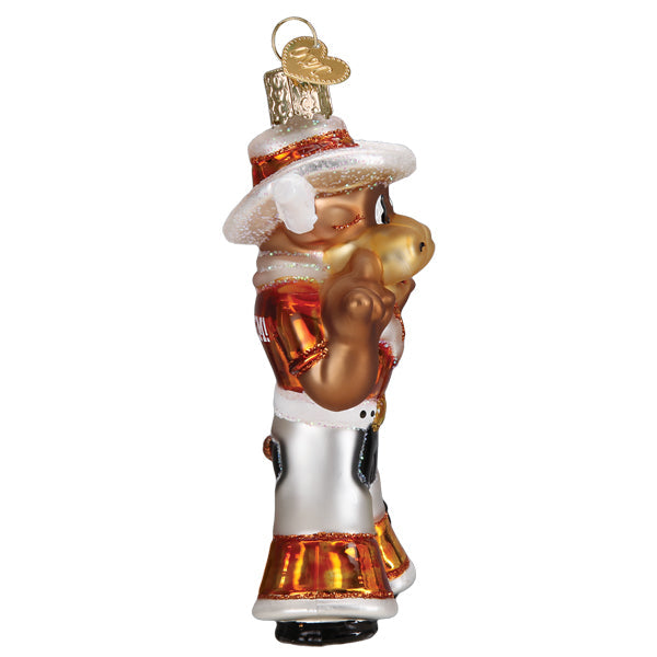 Old World Christmas glass Bevo Longhorn mascot ornament wearing a white cowboy hat and orange and silver outfit.