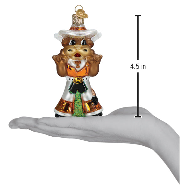 4.5-inch glass Bevo Longhorn mascot ornament wearing a white cowboy hat and orange Texas Longhorns outfit.