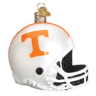 Tennessee Volunteers glass football helmet ornament with a white shell, orange T logo, and black glitter facemask.