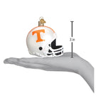 3-inch white Tennessee Volunteers football helmet glass ornament with orange T logo and black glitter face mask.