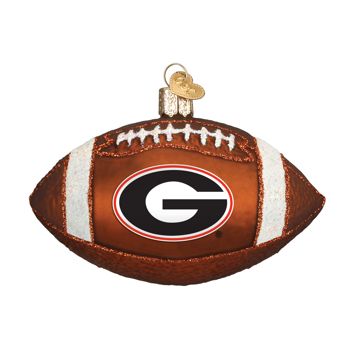 Brown glass football ornament featuring the Georgia Bulldogs G logo, white glitter accents, and a gold heart charm.