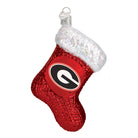 Red glittery Georgia Bulldogs stocking ornament with a white iridescent cuff and a silver hanging loop.