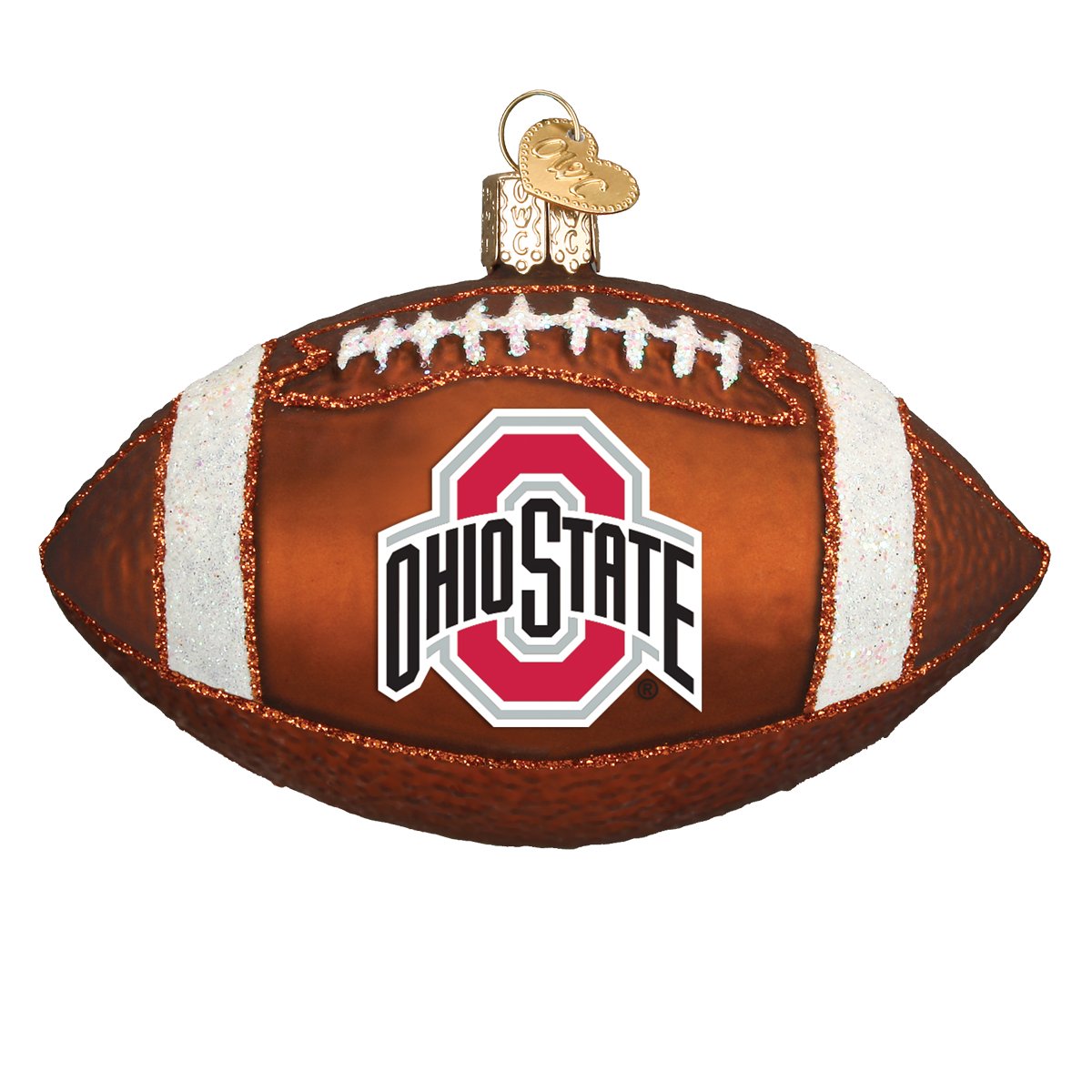Brown glass football Christmas ornament featuring the Ohio State logo, white glitter laces, and a gold heart charm.