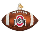 Brown glass football Christmas ornament featuring the Ohio State logo, white glitter laces, and a gold heart charm.