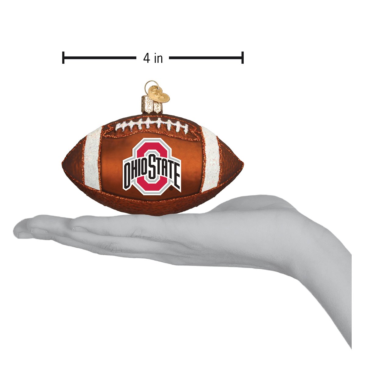4-inch brown glass Ohio State football ornament featuring the team logo and white glitter laces held in a hand.