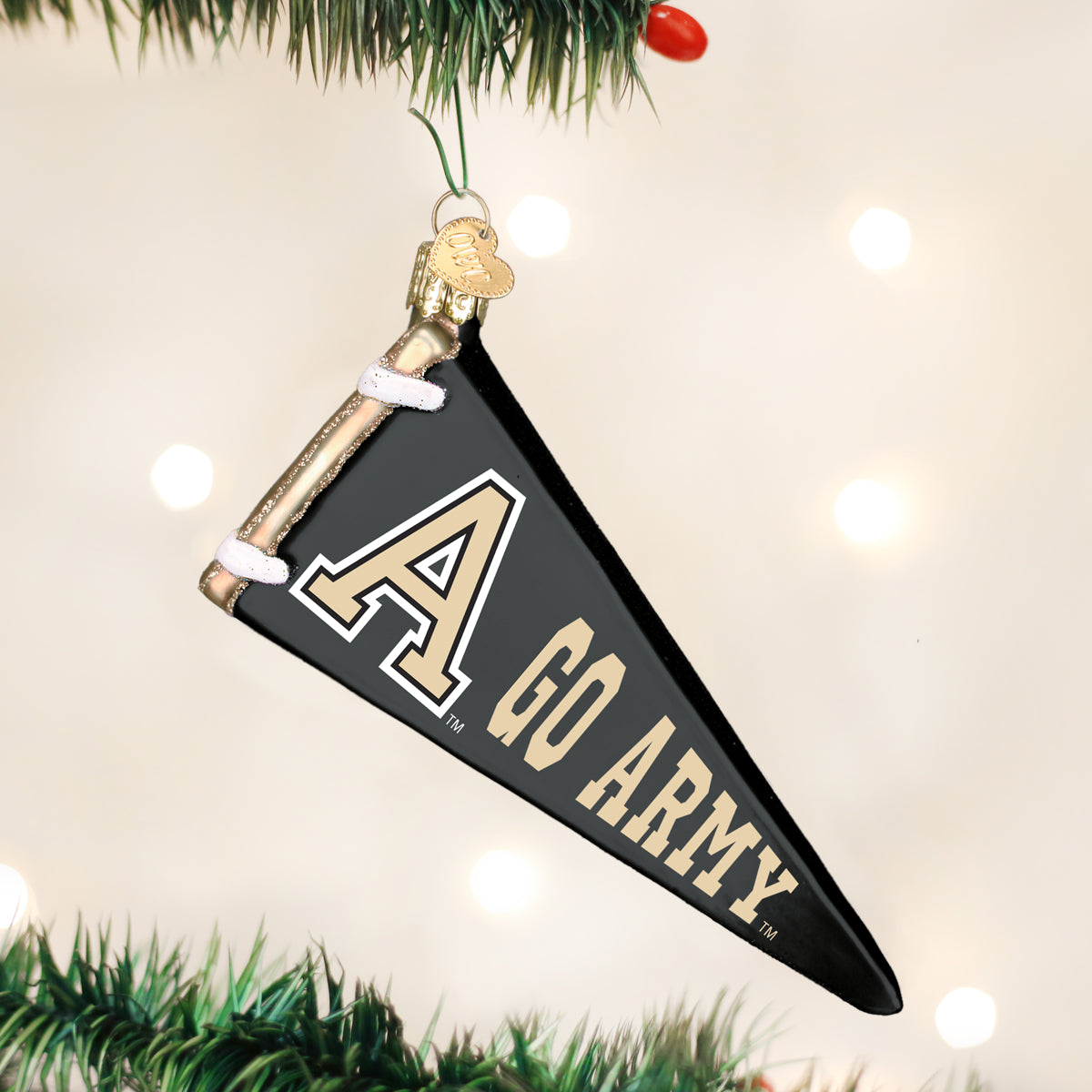Black glass pennant ornament featuring a gold A logo and Go Army text, hanging from a gold-capped loop.