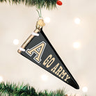 Black glass pennant ornament featuring a gold A logo and Go Army text, hanging from a gold-capped loop.