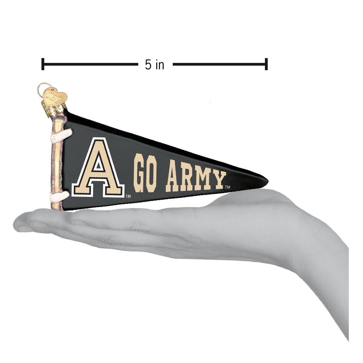 5-inch black and gold glass Army pennant ornament with Go Army text, held in a hand for scale.