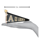 5-inch black and gold glass Army pennant ornament with Go Army text, held in a hand for scale.
