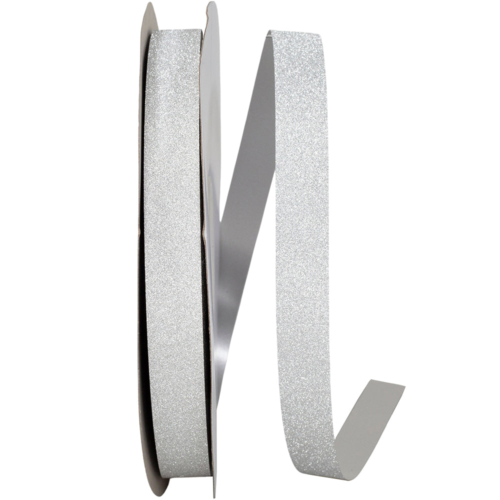 Spool of silver jewel dust non-wired ribbon with loose end