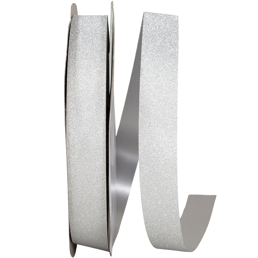 Spool of 100-yard silver diamond dust ribbon showing front and back