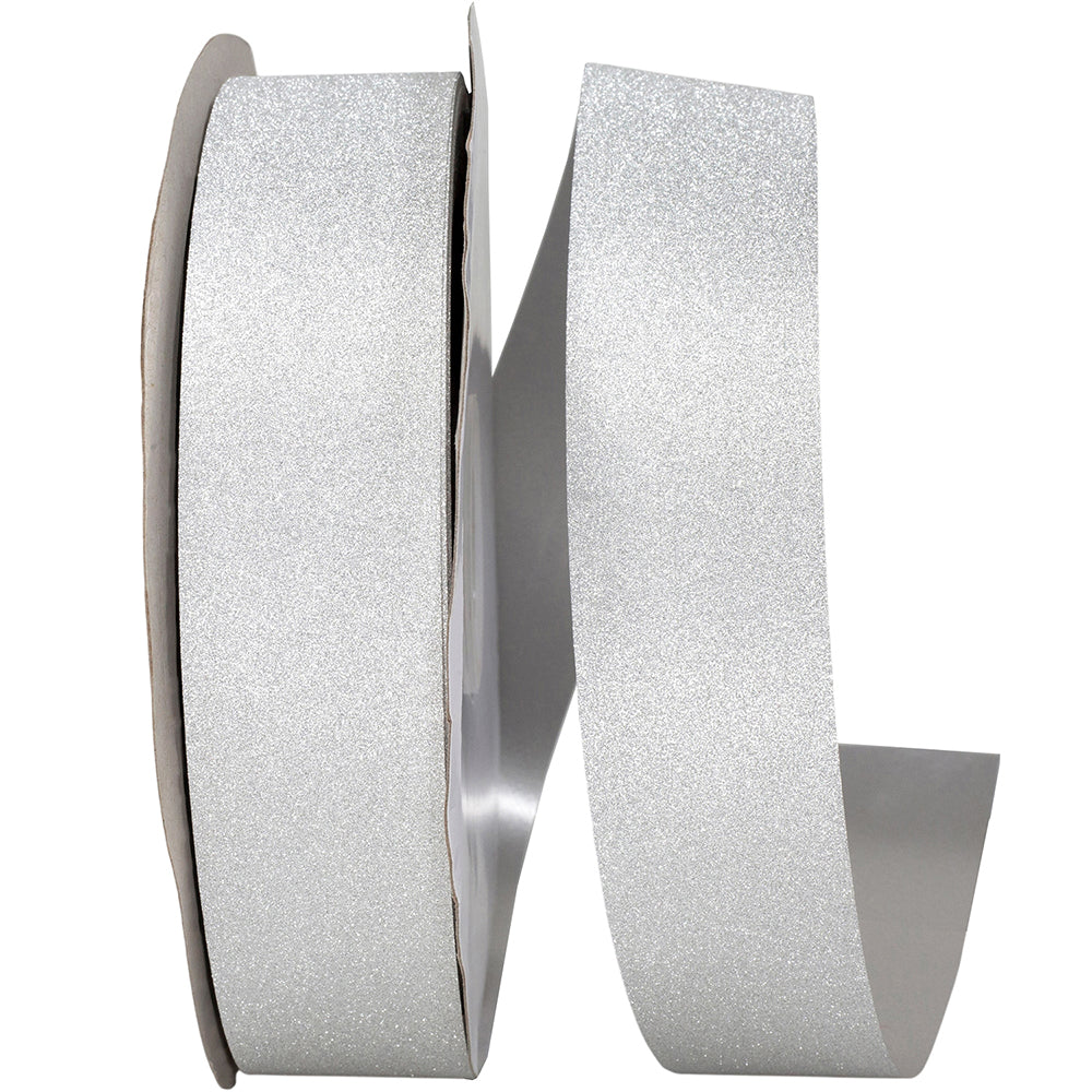 Spool of silver diamond dust glitter ribbon unrolling