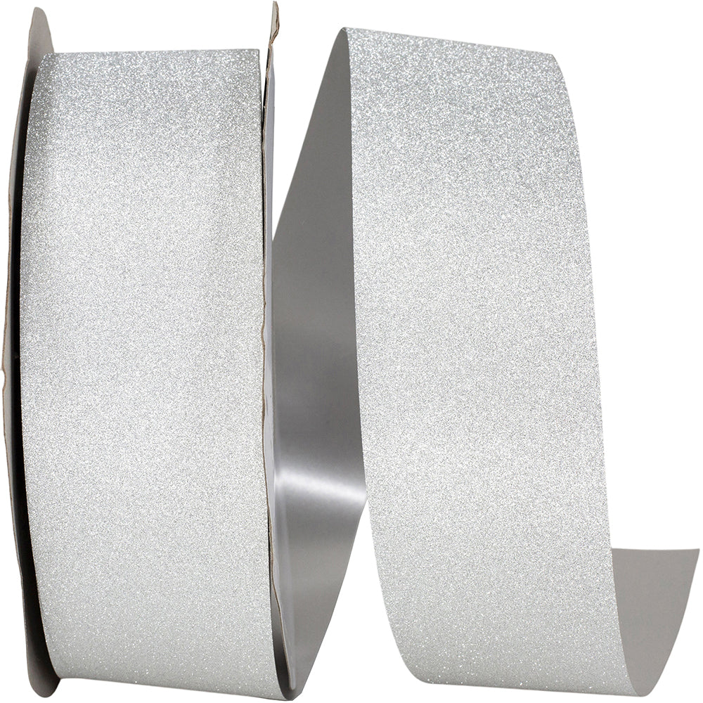 Spool of wide silver diamond dust glitter ribbon showing dense sparkle
