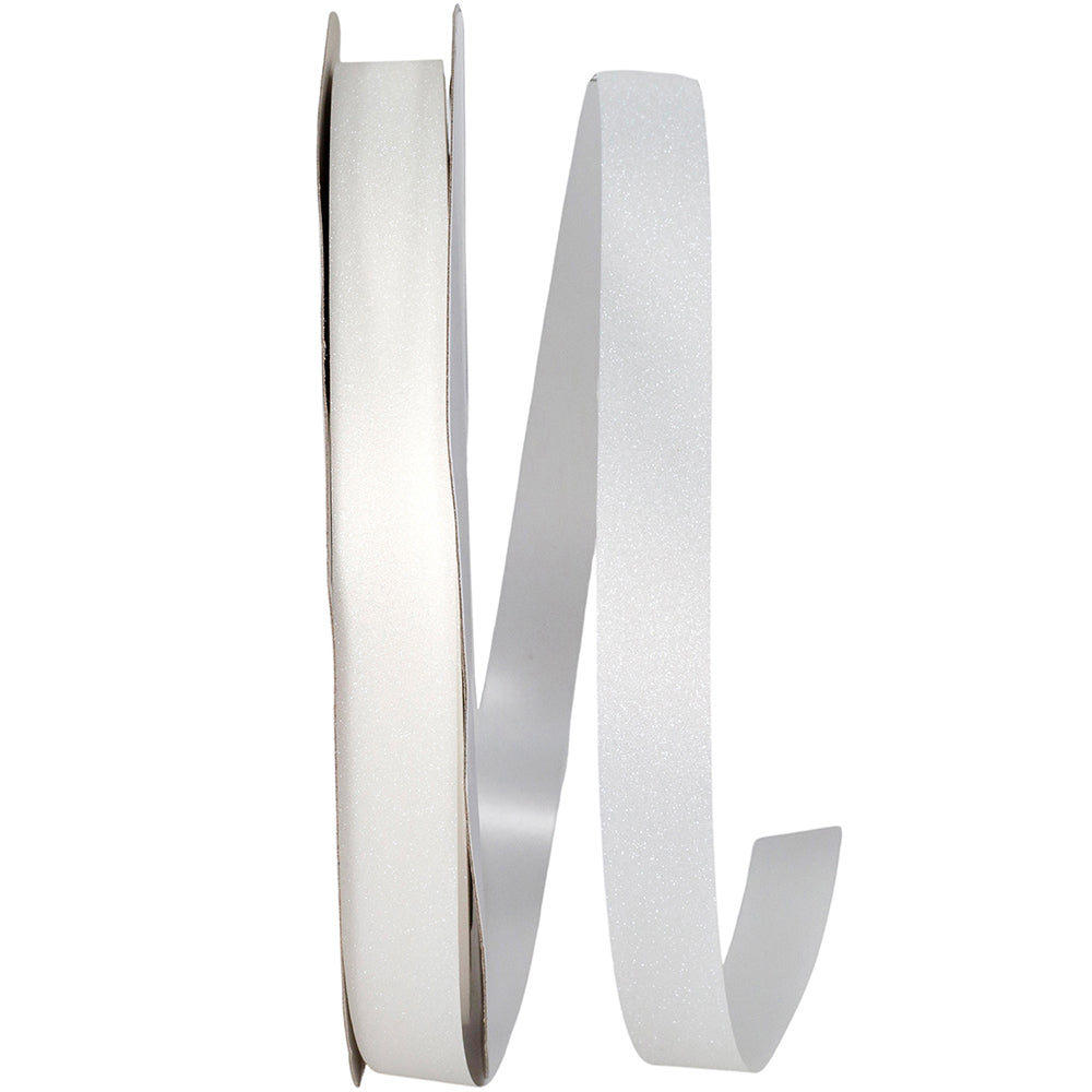 Spool of white jewel dust ribbon unrolling to display shimmering fabric and flexibility
