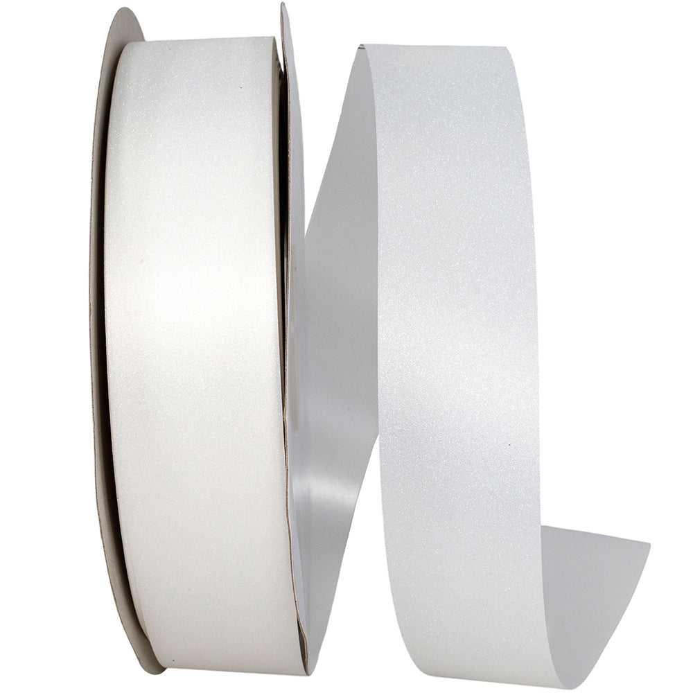 Spool of white shimmering non-wired ribbon with loose tail