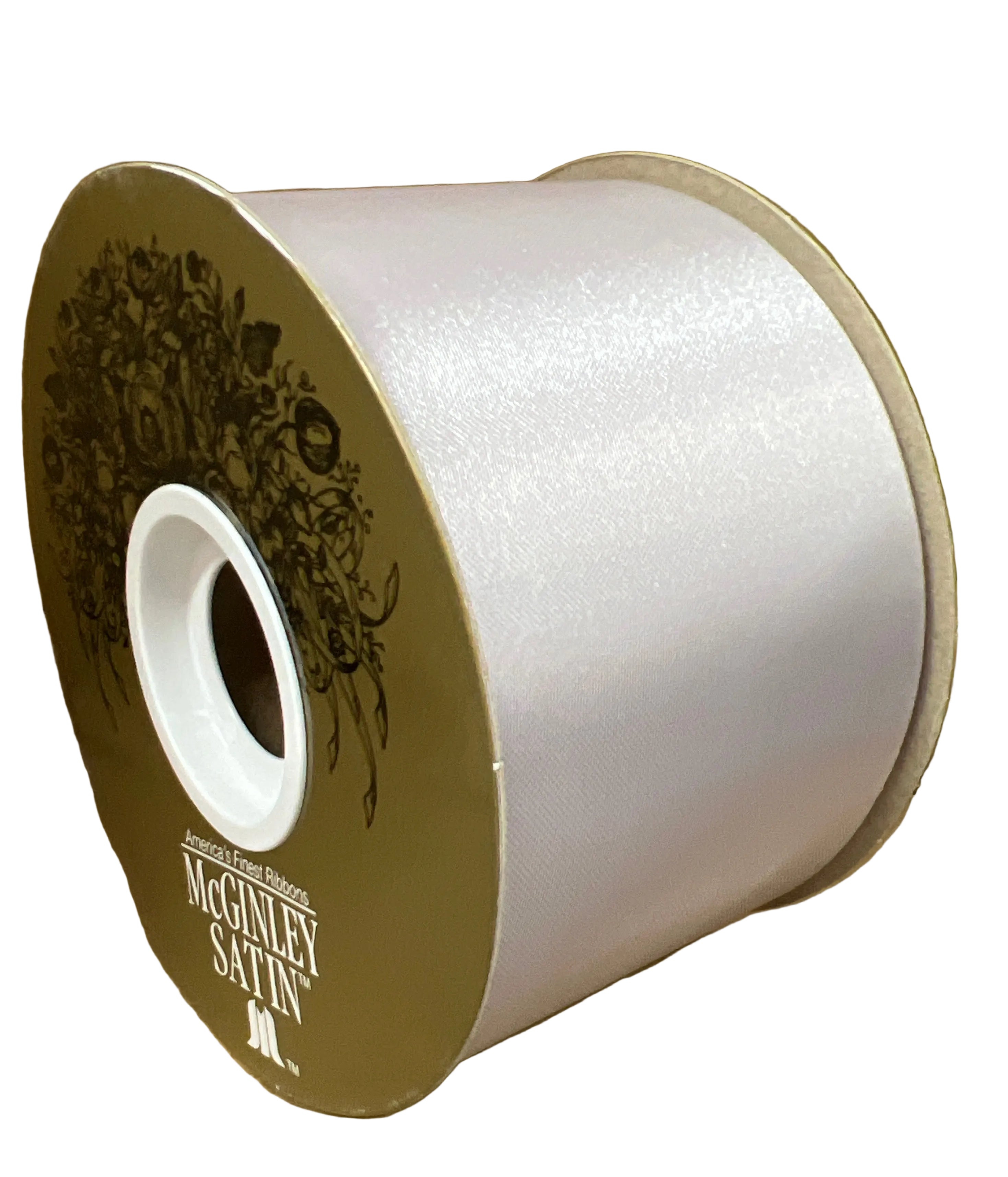 2.5-inch silver grey McGinley satin acetate ribbon spool, non-wired, 100-yard roll for crafts and floral arrangements.