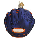 Blue glass Houston Astros baseball mitt Christmas ornament with orange stitching and a gold MLB logo charm.
