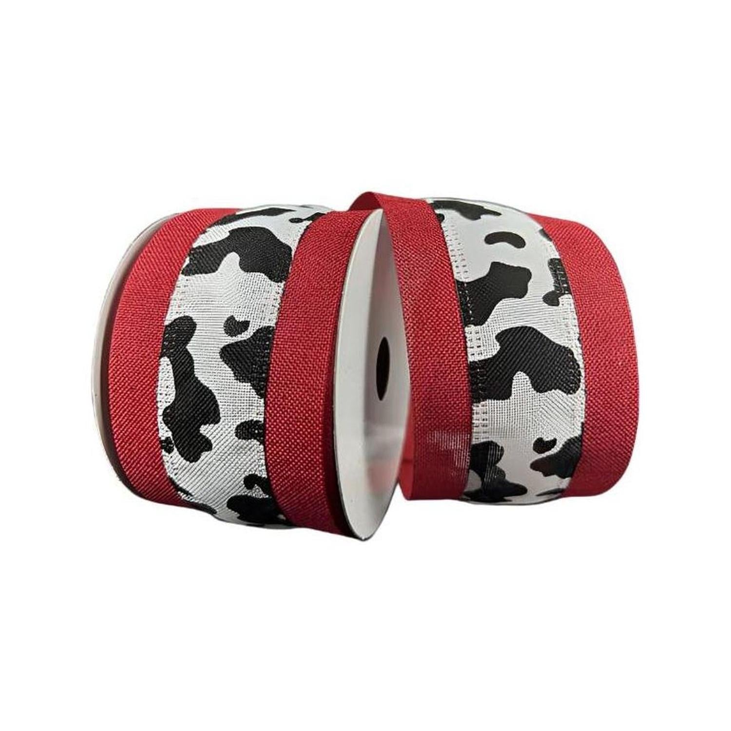 2.5" Black Linen Cow Print Ribbon: Red (10 Yards)